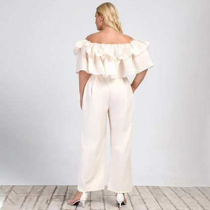 Plus Size Solid Ruffle Off Shoulder Jumpsuit Curvy Aesthetic Spring Fashion Women Jumpsuit Elegant High Waist Wide Leg Jumpsuits