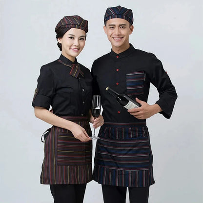 Tops+Apron+Hat Summer Women Short Sleeve Waiter Uniform Coffee Cafe Waitress Uniform Men Hotel Restaurant Shirt Overalls 89