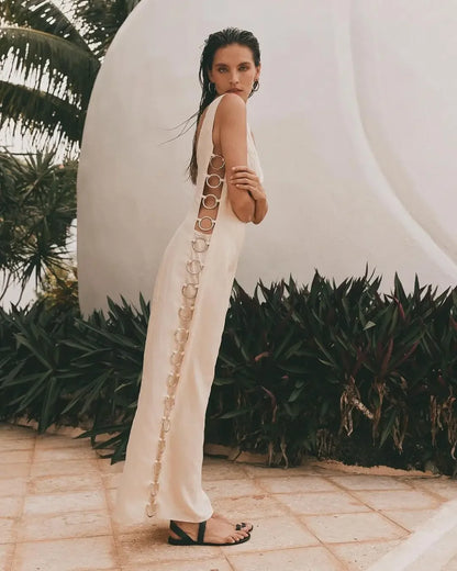 Summer Sexy Iron Ring Connected Dress Women Slim O Neck Sleeveless Hollow Out Maxi Dresses Spring Chic Ladies Party Club Outfits