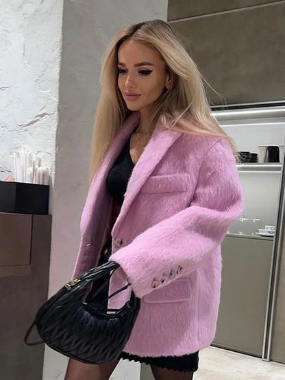 Lapel Collar Plush Pink Coats For Women Fashion Long Sleeves Single Breasted Loose Jackets Autumn Winter Female Packet Overcoat