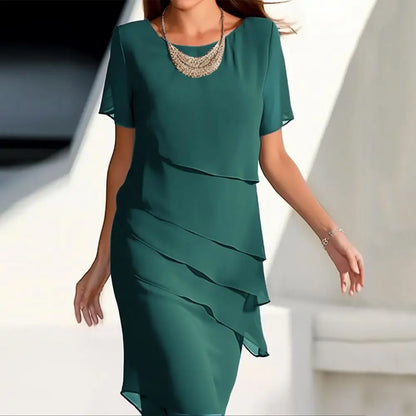 Ladies Chiffon Dress Pleated Chiffon Dress Elegant Ladies Chiffon Midi Dress Solid Color Pleated Vacation Opaque Layered Dress