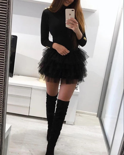Dresses for Women  Fashion Layered Ruffles Mesh Round Neck Long Sleeve Party Mini dress Skinny Dress for Women