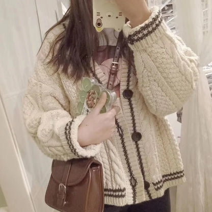 Autumn Winter Y2k Vintage Sweater Star Print Knitted Cardigan  V Neck Long Sleeve Coat Women Single Breasted Embroidery Sweaters