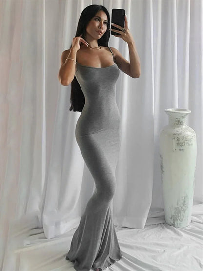 wsevypo Spaghetti Strap Bodycon Long Dress Summer  Women Sleeveless Wrapped Fish Tail Dress Solid Color Club Streetwear