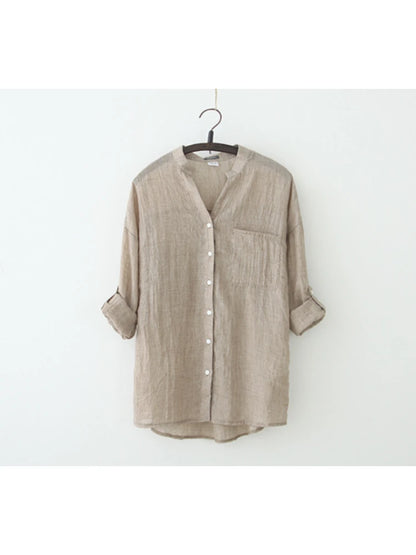 Casual Long Seleeve Literature Femal Autumn Blouse Cotton Linen Shirt Woman Vintage Winter Loose Stand-up Collar Shirt
