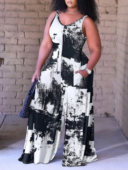 Plus Size Baroque Scarf Print Wide Leg Jumpsuit