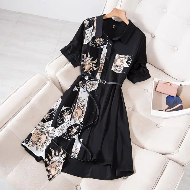 Korean Fashion Print Dress Women Autumn Spring Casual Luxury Design Long Sleeve Long Midi Shirt Dress Belted Female Vestidos