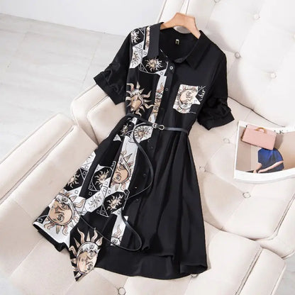 Korean Fashion Print Dress Women Autumn Spring Casual Luxury Design Long Sleeve Long Midi Shirt Dress Belted Female Vestidos