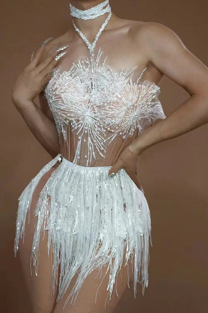 See Through Women Cocktail Brithday Gowns Sheer Sexy Luxury White Pearls Tassel Dress Black Girl Short Prom Dresses Shangxue