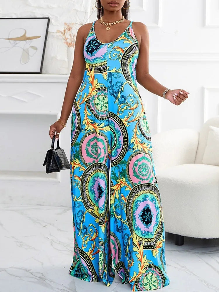 Plus Size Baroque Print Wide Leg Jumpsuit