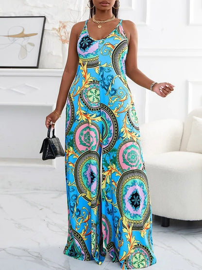 Plus Size Baroque Print Wide Leg Jumpsuit