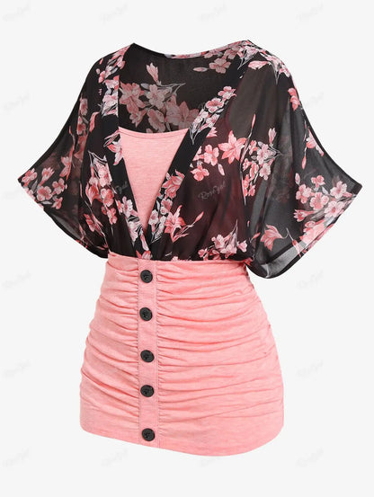ROSEGAL Plus Size Light Pink Colorblock T-shirts Mesh Panel Flutter Half Sleeves Ruched Twofer Tees Faxu Twinset Tops 4X
