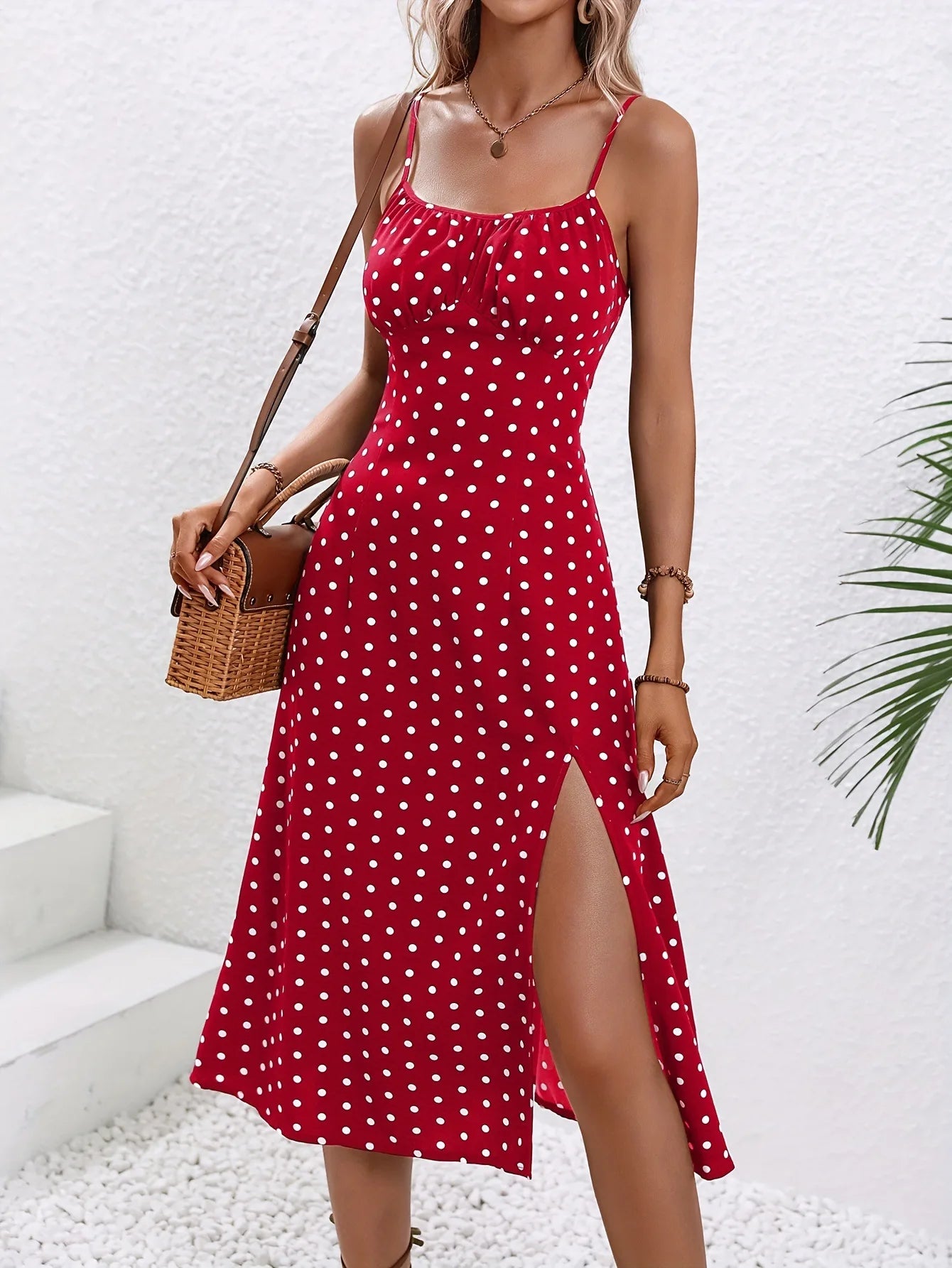 2024 Women Floral Print Spaghetti Straps Summer Boho Beach Dress Print Elegant  Suspenders Square Neck Slit Dress Vestidos
