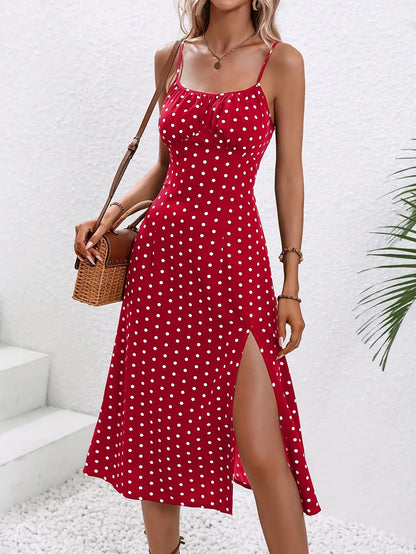 2024 Women Floral Print Spaghetti Straps Summer Boho Beach Dress Print Elegant  Suspenders Square Neck Slit Dress Vestidos