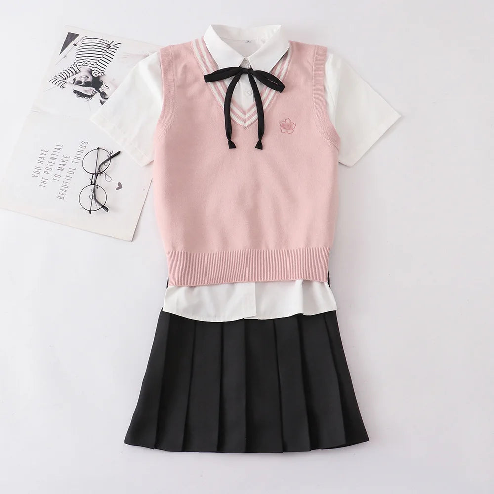 Adult Women Japanese Korean Student JK Uniform Suits Autumn And Winter Shirt + Sweater Vest + Pleated Skirt Girls School Dresses