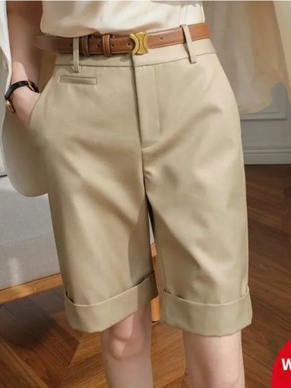 Shorts for Women High Waist Knee Length Straight Pants with Belt Summer Shorts for Women White Office Fashion Women's Shorts