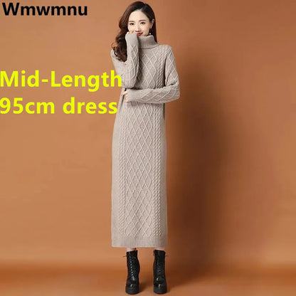 Turtleneck Thicken Warm Knitted Dress Loose Long Straight Dresses Bottoming Sweater Robe Fall Winter Knitwear Vestidos Mujer