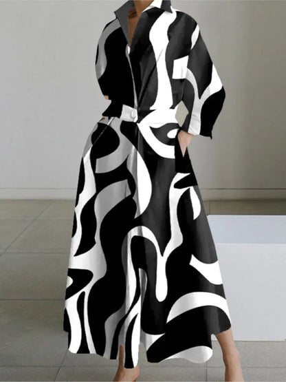 Autumn Dress Long Sleeve Dot Print Elegant Maxi Dresses For Women  White Casual V Neck Shirt Party Long Dress Robe Femme