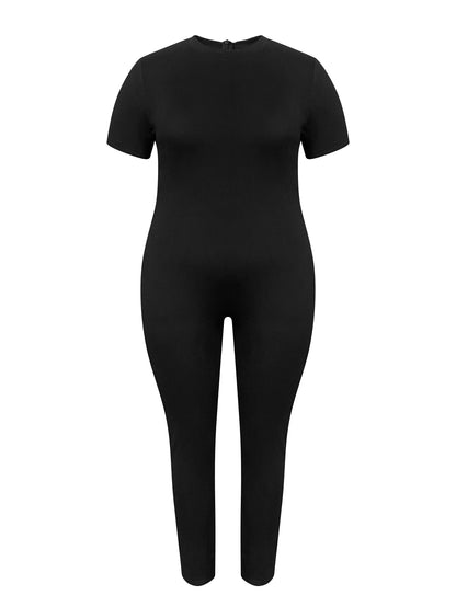 LW Plus Size One Piece Plain Jumpsuit Round Neck Short Sleeve Skinny Basic Sheath Body-shaping Stretchy Simple Bodysuits