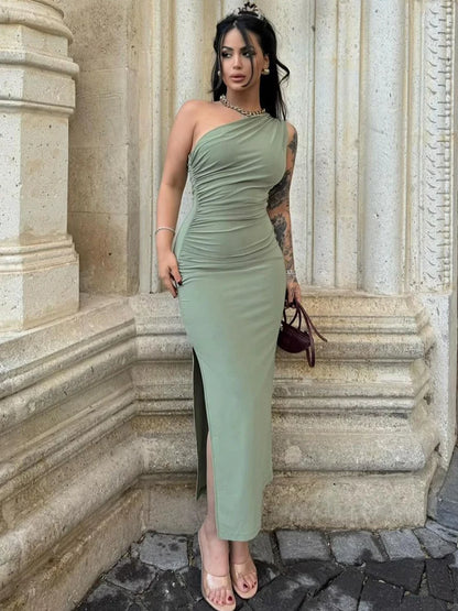 Sexy New Maxi Dress Women Summer Split Fashion Solid Sleeveless Backless Slim Dress Female Off Shoulder Club Elegant Party Dress