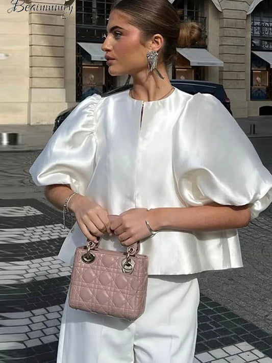 Fashion Sati Inner Buckle Puff Sleeve Shirt Women Casual O-neck Solid Female Top 2024 New Spring Summer Elegant Lady Blouse