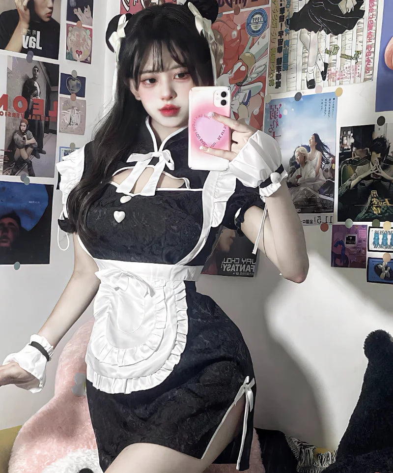 Chinese Cheongsam Halloween Maid Dress Gothic Lolita Waitress Role Play Costumes Women Love Live Cosplay Student Party Uniform