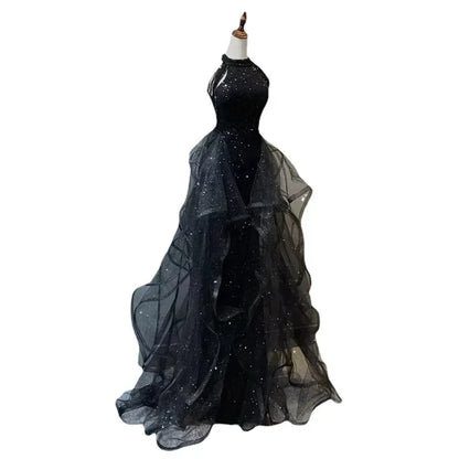 Maxi Dresses For Women Evening Party Black Sequin Sleeveless Ruffles Slim Fit Solid Retro Lace Skirts Fashion Women's Prom Dress
