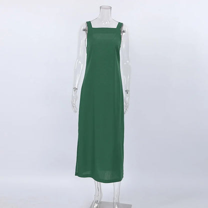 Green Tank Dresses Summer Cotton Linen Sleeveless Straight Split Dress 2023 All-Match Midi Dress Vacation Style Dress Vestidos
