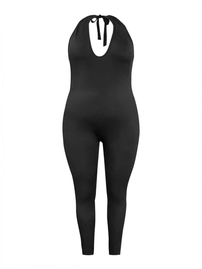 LW Plus Size Bandage Design Backless Jumpsuit 2024 Newest Summer Fashion Sexy Deep V-Neck Halter Black Bodycon Jumpsuit