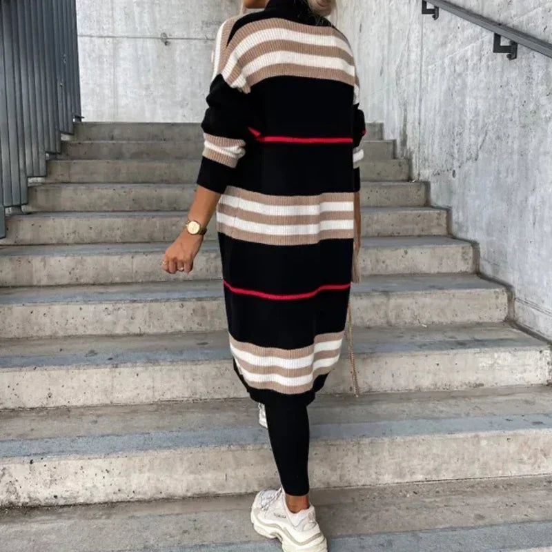 2023 Spring Knitted Cardigan Women Striped Patchwork Autumn Winter Elegant Long Outerwear Maxi Y2k Sweater Coat Soft Jacket