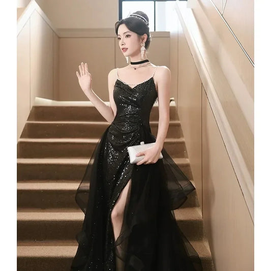Women's Prom Dresses Slim Off The Shoulder Sleeveless Black Sequin Banquet Long Skirt Evening Party Dress for Women Vestidos