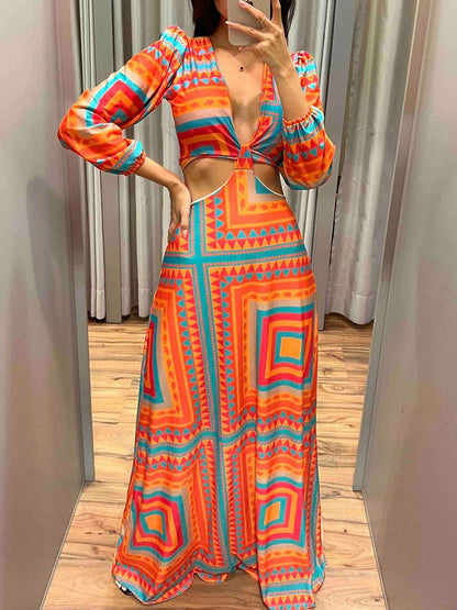 Spring Summer Elegant Allover Print Maxi Dresses for Women Sexy Lace Up Midriff High Silt Vestidos Vacation Beach Sexy Dress