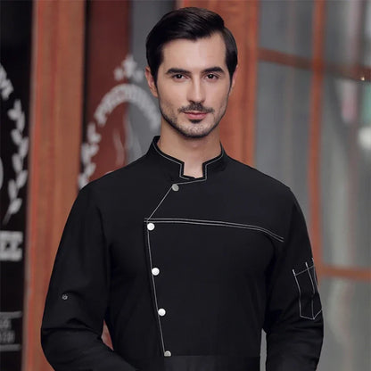 Chef Jacket Long Sleeve with Buttons - Classic Black and White Bartender Baker Waiter Uniform