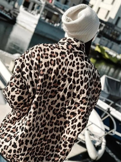 Leopard Print Cotton Coat Women Loose Lapel Patchwork Pockets Female Thick Warm Jacket Winter New Fashion Lady Outwear