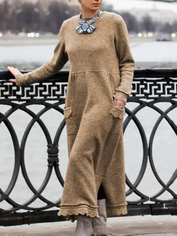 2024 Autumn Winter Plus Velvet Hoodie Dresses For Women Knitted Flower Lace Edge Loose Maxi Dress Casual Long Vestido Female New
