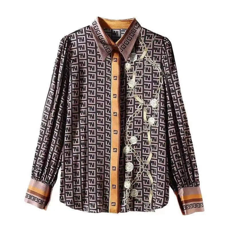 Blusa Mujer Moda  Stretch Satin Shirt  Autumn New Long Sleeve Letter Print Commuter Shirt Top Women
