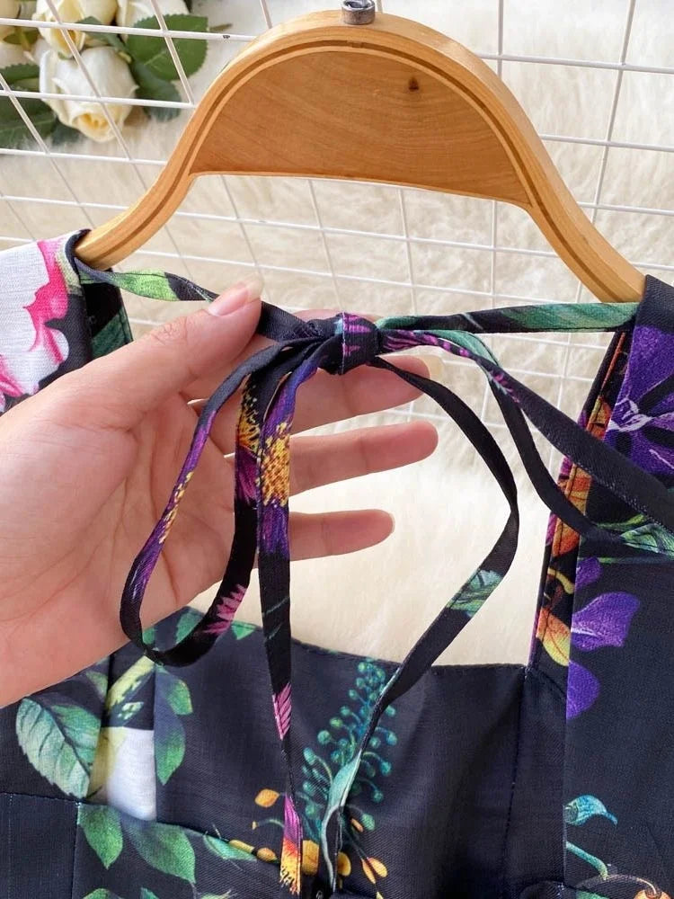Floral Print Summer Tank Dress Women's Flower Print Spaghetti Strap Backless Lace Up Floral Leaves Beach Vacation Midi Vestidos