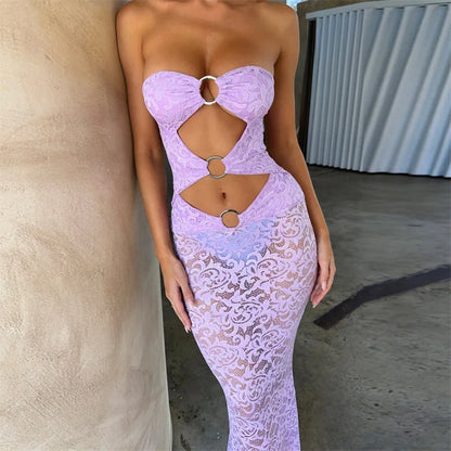 Xingqing Women Lace Dress Elegant Sheer Hollow Out Off Shoulder Strapless Sleeveless Bodycon Dresses Cocktail Party Dresses