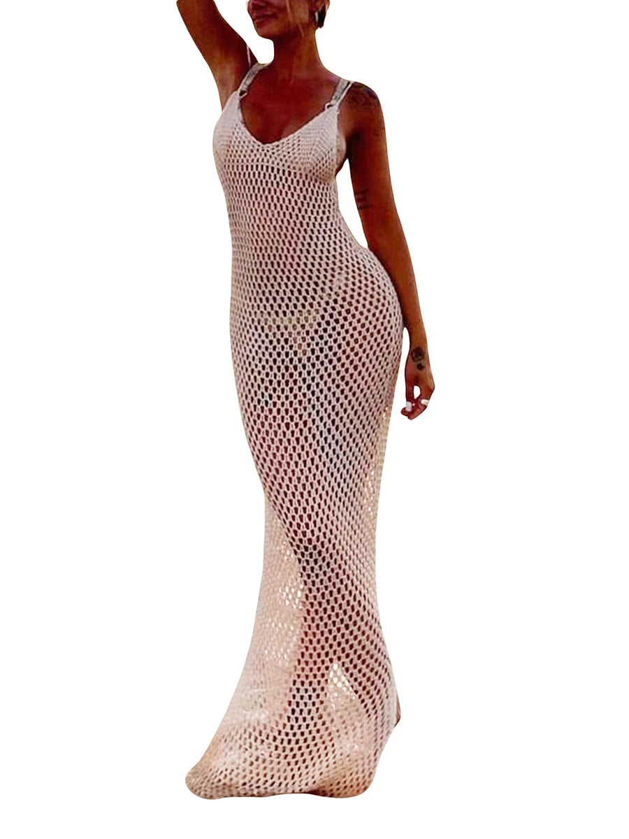 Women s Crochet Cutout Backless Beach Cover Up Dress for Bikini Swimsuit Bathing Suit Summer Clothes with Knitted Design