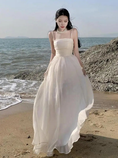 Vintage Spaghetti Strap Purple Long Dresses for Women Summer Sexy Tulle Pleats Fairy Evening Party Backless Female Clothing