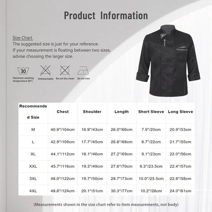 Chef Jacket for Men Women Short Sleeve Long Sleeve Cook Shirt Bakery with Pockets Restaurant Waiter Uniform Kitchen Work Clothes