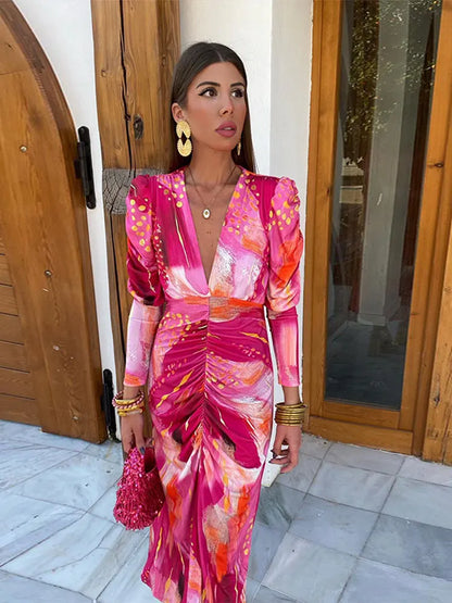 Elegant Print Pleated V Neck Contrast Maxi Dress Women Chic Long Sleeves Bodycon Vestidos 2024 Spring Summer Lady Party Dresses