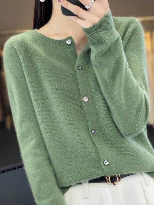 Aliselect Long Sleeve Women Knitwear Cashmere Knit 100% Pure Merino Wool Spring Autume O-Neck Top Cardigan Sweater Clthing Coat