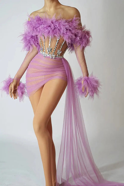 Sexy Off-shoulder Sheer Beaded Women Birthday Party Gowns Fashion Purple Sequined Black Girls Short Prom Dresses 2024 Xinshenzi