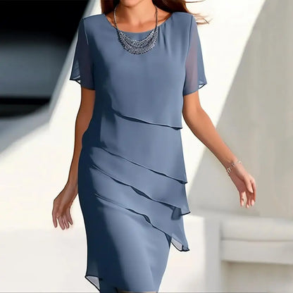 Ladies Chiffon Dress Pleated Chiffon Dress Elegant Ladies Chiffon Midi Dress Solid Color Pleated Vacation Opaque Layered Dress