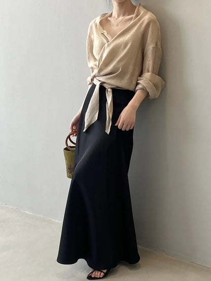 2024 Spring Summer New Women's Blouse  & Shirt Jacquard V-Neck Design Tie up One Button Irregular Type Korean Clothing 80973