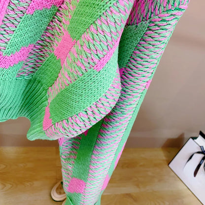 Women Color Block Green Crop  Cardigan High Street Long Sleeve Knit Top Autumn Winter New in Korean Dongdaemun Fashion