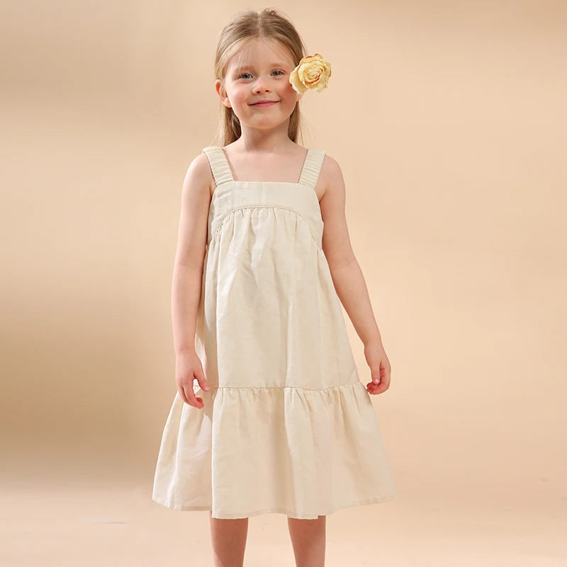 Girls Cotton And Linen Sleeveless Straps Dress Summer New Ruffled Hem Casual Vacation Backless Linen Dresses