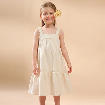 Girls Cotton And Linen Sleeveless Straps Dress Summer New Ruffled Hem Casual Vacation Backless Linen Dresses