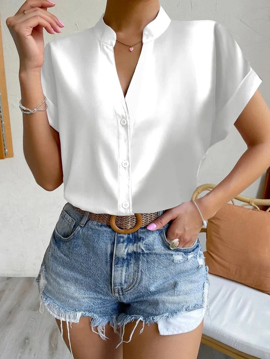 Casual V Neck Solid Shirt Blouse Office Lady Spring Summer Fashion Elegant Short Sleeve Slim Shirts For Women  White Tops